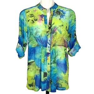 Aldila Women's Blouse Lightweight Button Up Blue Green Long Roll Up Sleeves M
